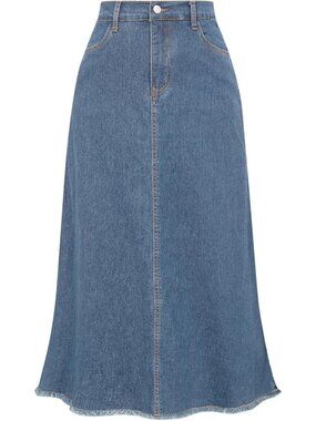 Women's Long Denim Jean Skirt - Frayed Hem, Casual Chic Style, Versatile Fashion